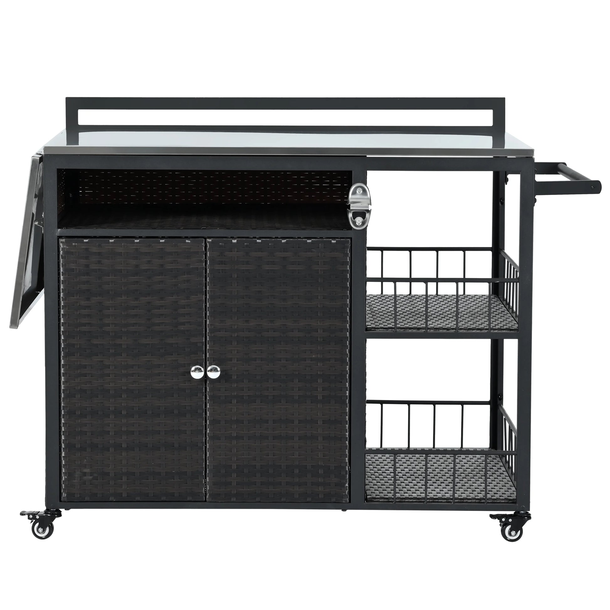 Euroco Outdoor Rolling Bar Cart with Foldable Stainless Steel Tabletop, Storage Cabinet, Bottle Opener & Lockable Wheels, PE Rattan Patio Kitchen Serving Station for BBQ & Entertaining