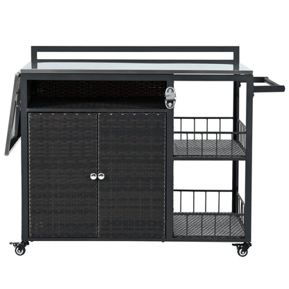 Euroco Outdoor Rolling Bar Cart with Foldable Stainless Steel Tabletop, Storage Cabinet, Bottle Opener & Lockable Wheels, PE Rattan Patio Kitchen Serving Station for BBQ & Entertaining