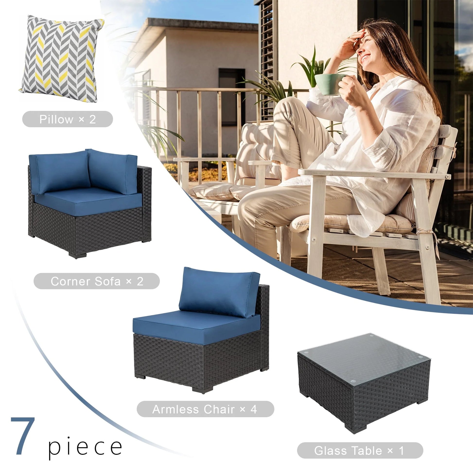 Walsunny 7 Pieces Outdoor Sectional Sofa Furniture Sets, All-Weather Black Wicker Patio Furniture Sets with Tea Table and Washable Couch Cushions Aegean Blue