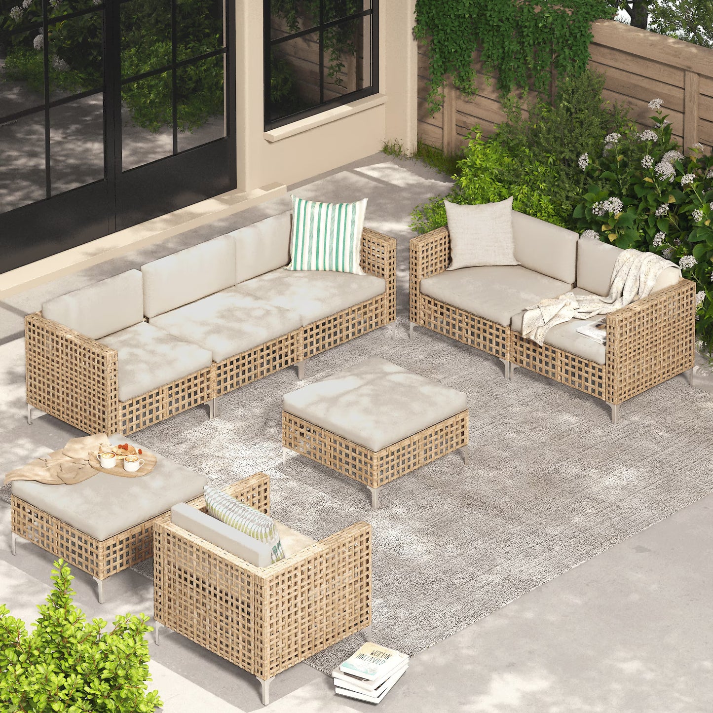 YODOLLA 7-Piece Patio Furniture Set with Tea Table, Rattan Wicker Outdoor Sectional Furniture Sofa Conversation Set, Dark Brown Rattan& Dark Grey Cushions