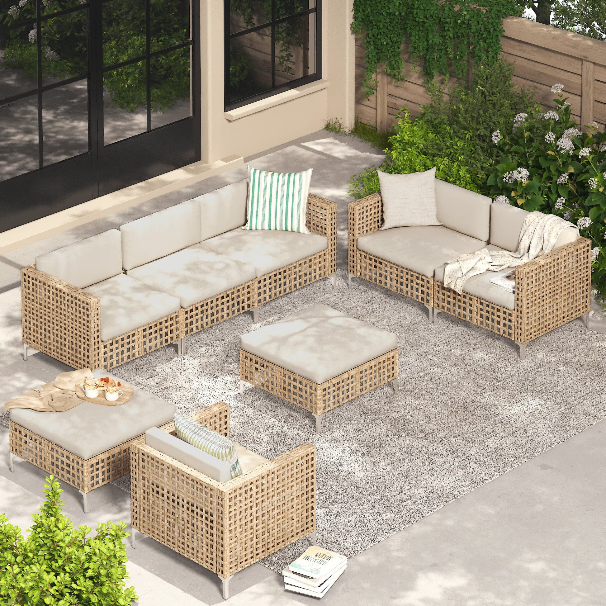 YODOLLA 7-Piece Patio Furniture Set with Tea Table, Rattan Wicker Outdoor Sectional Furniture Sofa Conversation Set, Dark Brown Rattan& Dark Grey Cushions