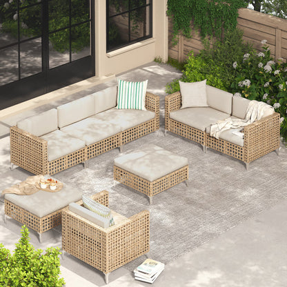 YODOLLA 7-Piece Patio Furniture Set with Tea Table, Rattan Wicker Outdoor Sectional Furniture Sofa Conversation Set, Dark Brown Rattan& Dark Grey Cushions