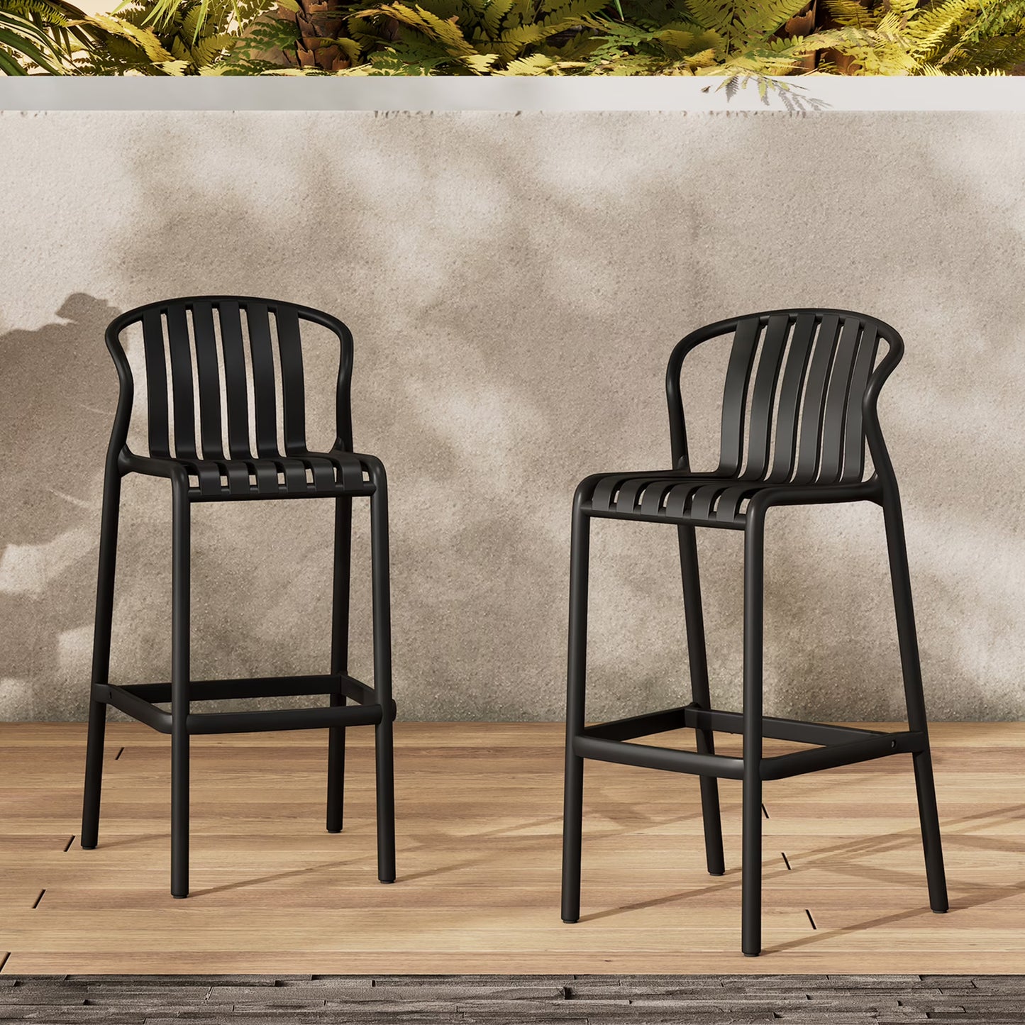 Orion 29.5" Modern Outdoor Patio Bar Stools, Perforated Slat Back, Black, Set of 2