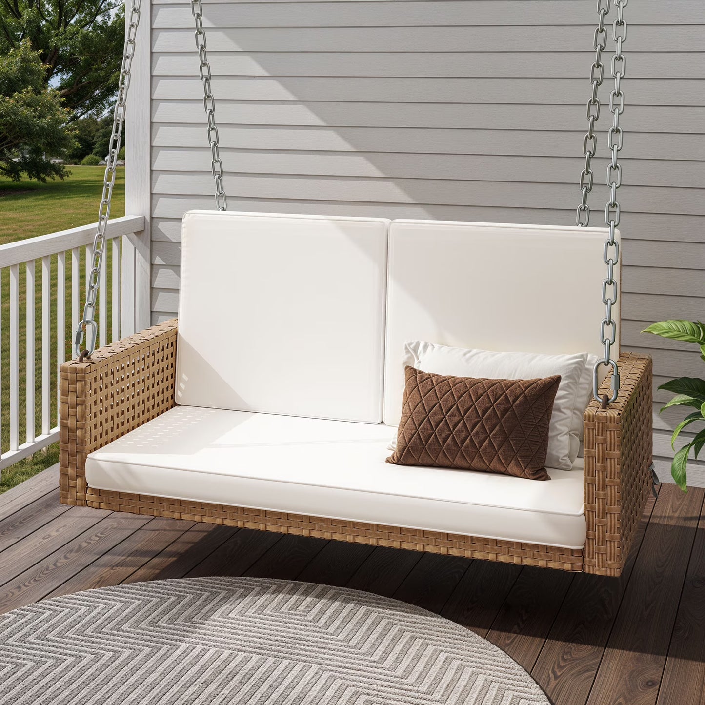 Craftian 2-Person Patio Hanging Porch Swing Rattan 800LBS Swing Bench w/Cushions