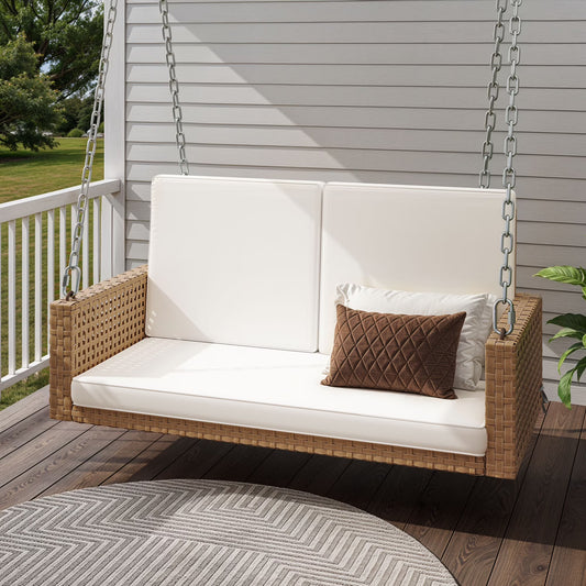 Craftian 2-Person Patio Hanging Porch Swing Rattan 800LBS Swing Bench w/Cushions