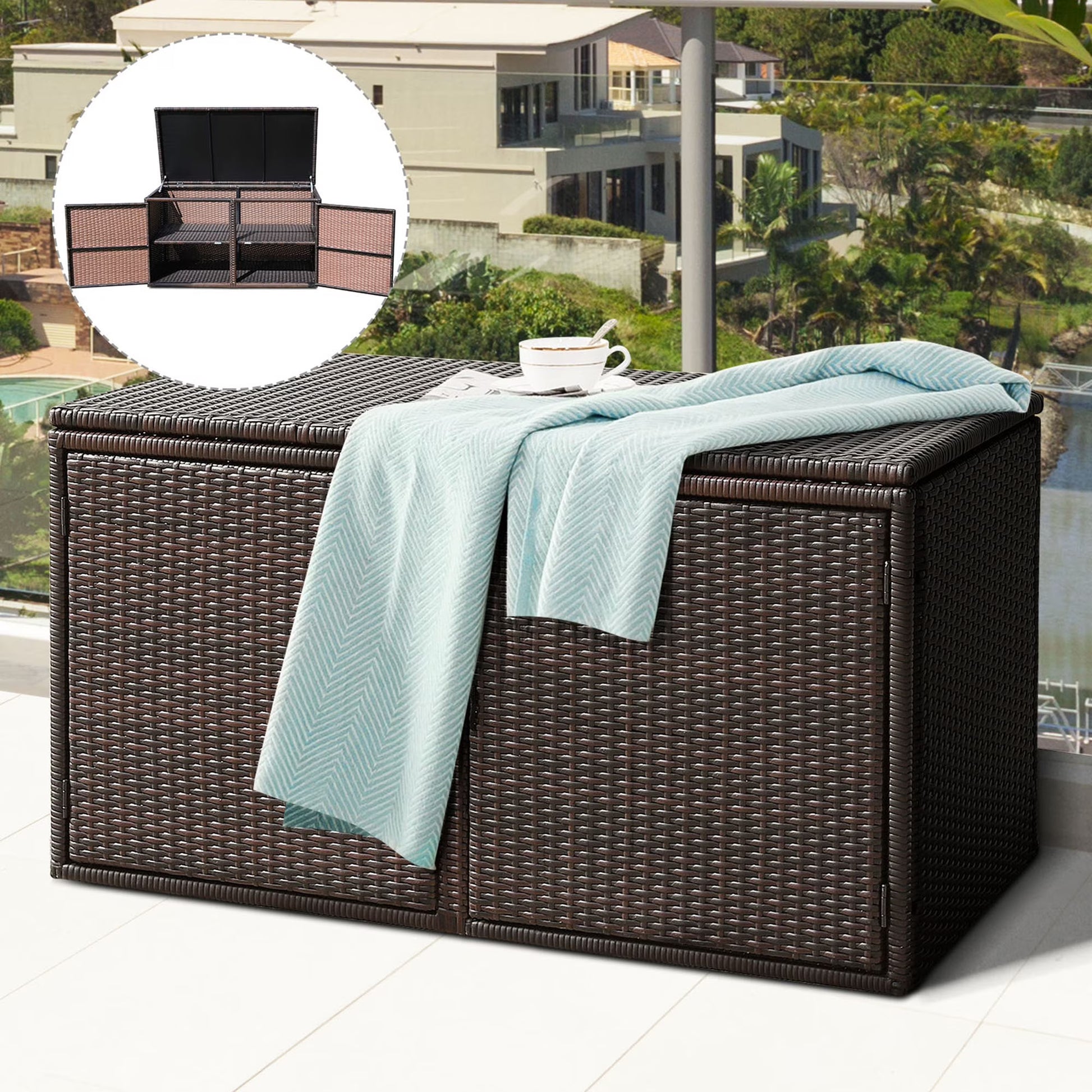 Gymax 88 Gallon Rattan Storage Box Outdoor Patio Container Seat w/Door Mix Brown