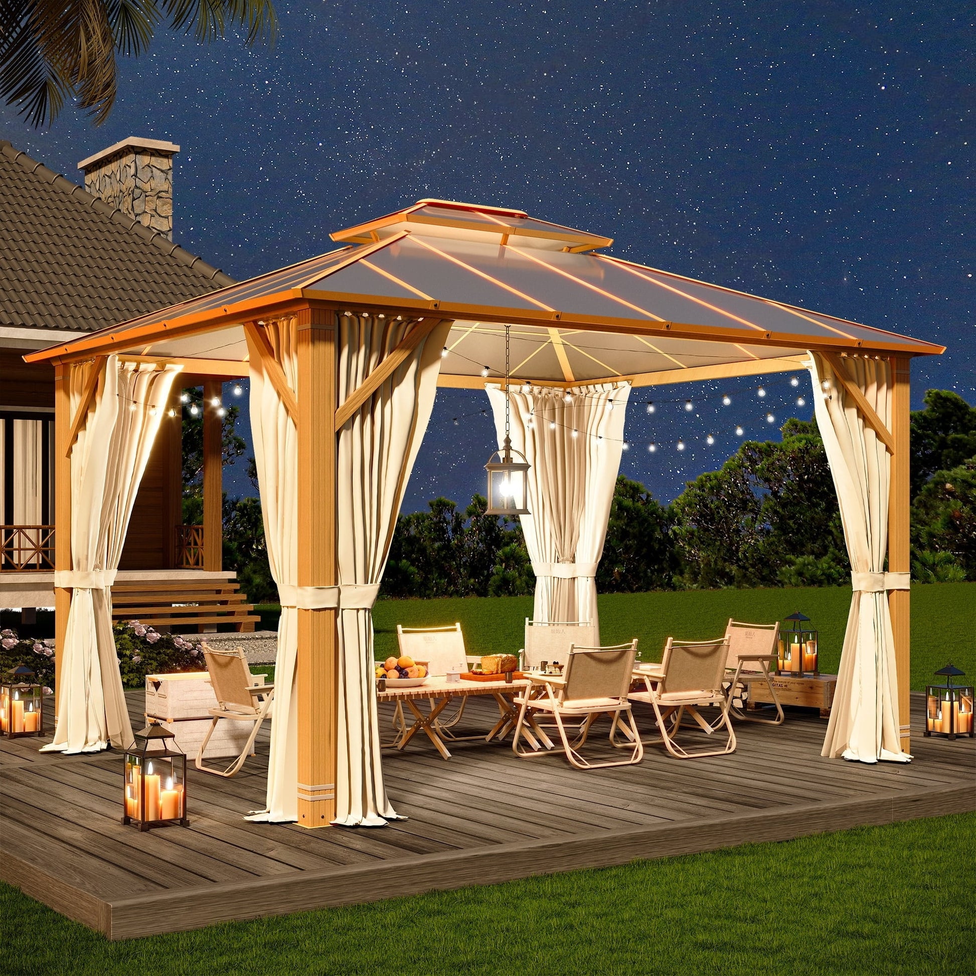 Erommy Hardtop Gazebo, Waterproof Aluminum Pavilion with Netting & Curtains for Patio, Garden Dusty Blue 10'x12'