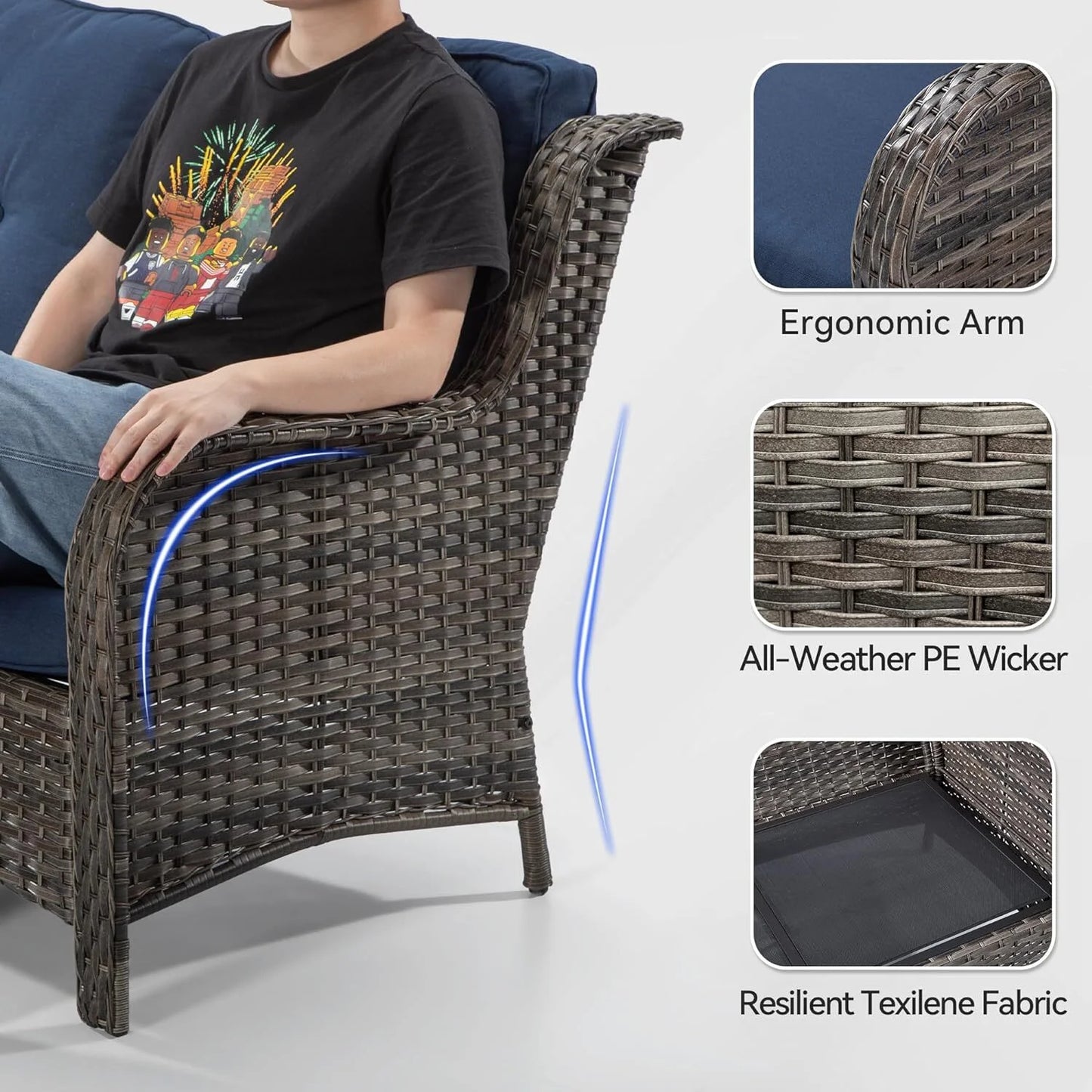 MeetLeisure 3 Pieces Outdoor Furniture Patio Furniture Set with One 3-Seat Sofa, Two ArmChairs, Navy