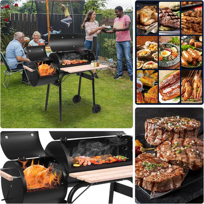 Oil Drum Charcoal Furnace Grill & High-Temperature Offset Smoker - Camping BBQ with Side Fire Box, Wheels, Thermometer & Chimney - Portable Outdoor Barbecue for Backyard, Patio, Picnics & Tailgating