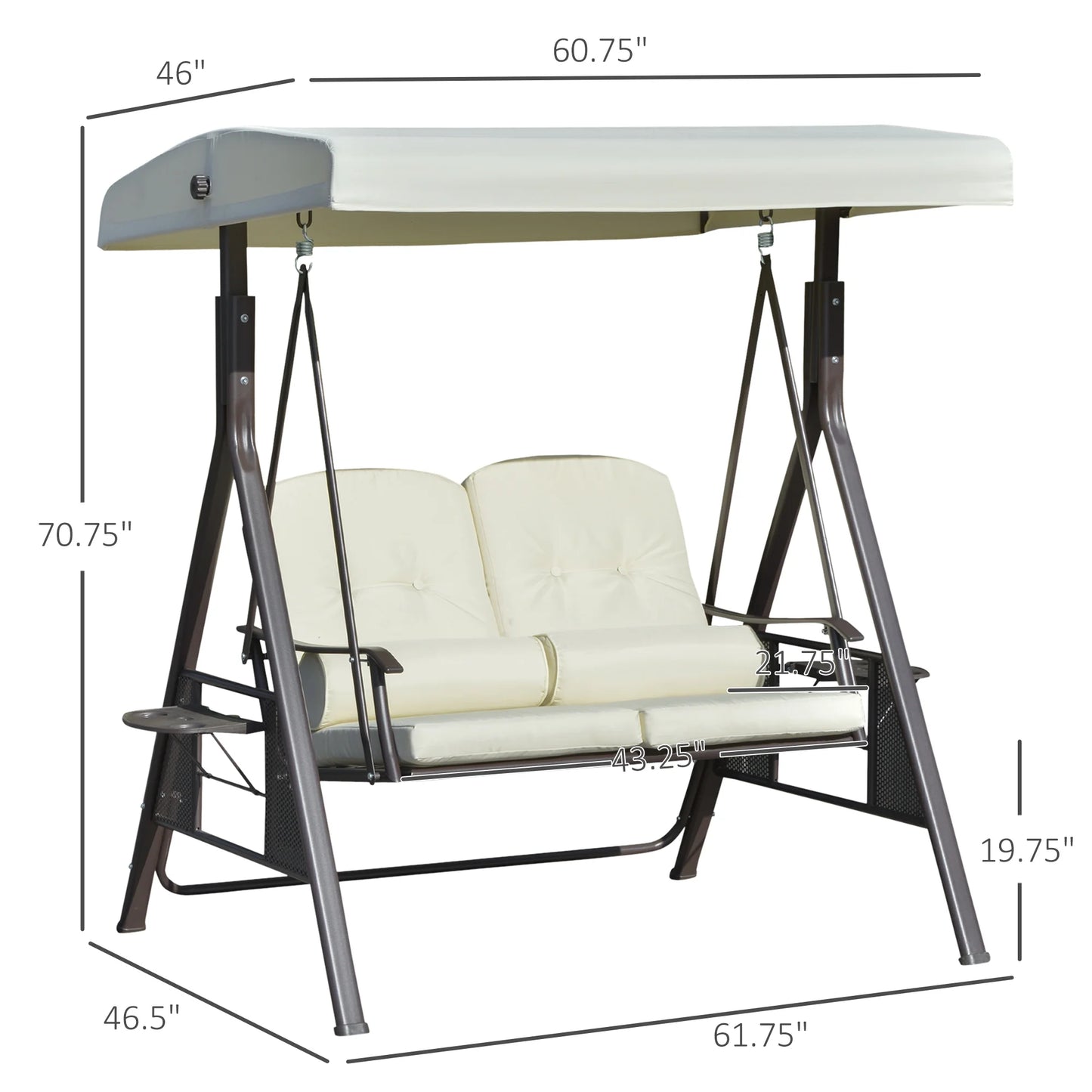 Outsunny 2-Person Patio Swing Bench with Adjustable Shade Canopy, Soft Cushions, Throw Pillows and Tray, Beige.