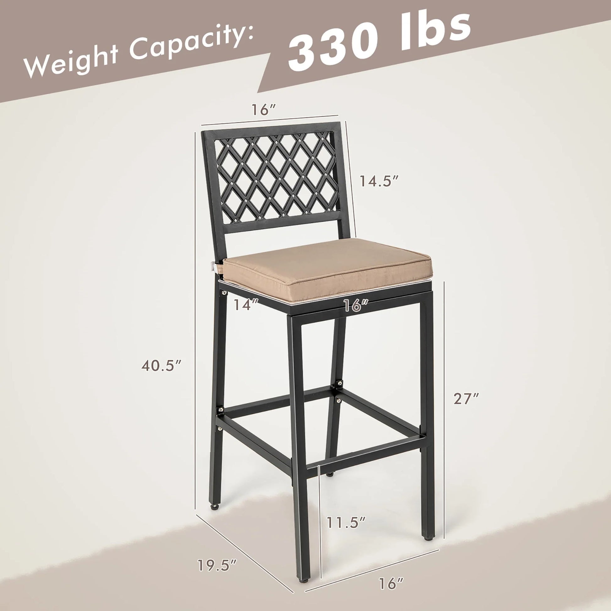 Costway Set of 2 Outdoor Bar Height Dining Chairs Patio Metal Bar Stools with Cushion