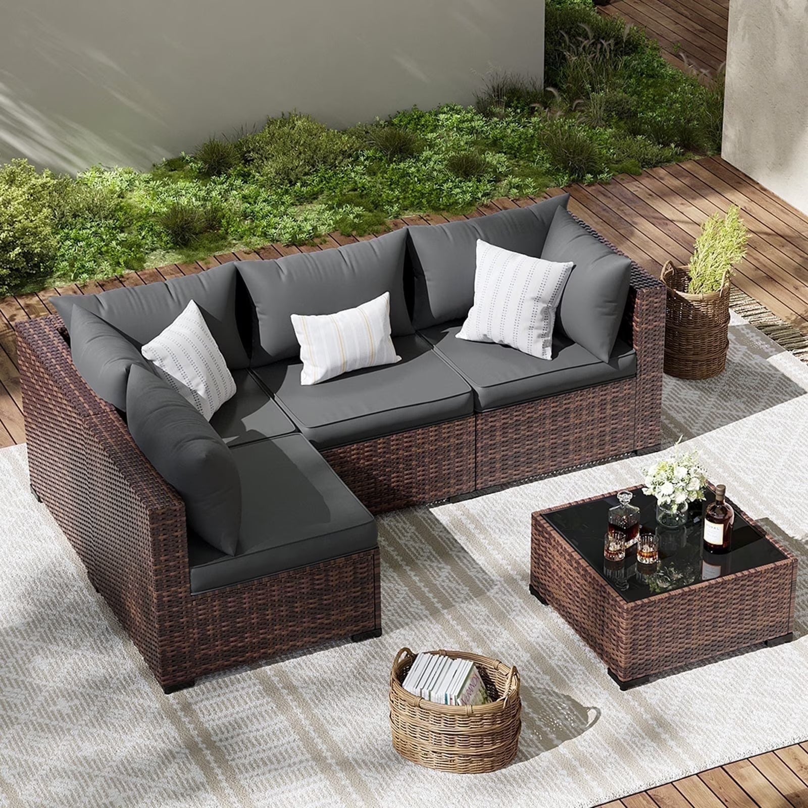 ELPOSUN Patio Furniture Set, Outdoor Patio Furniture Wicker Furniture Couch Set, 5 Pieces Outdoor Sectional Sofa, Patio Furniture Set, Outdoor Patio Set for Balcony Furniture (Grey)