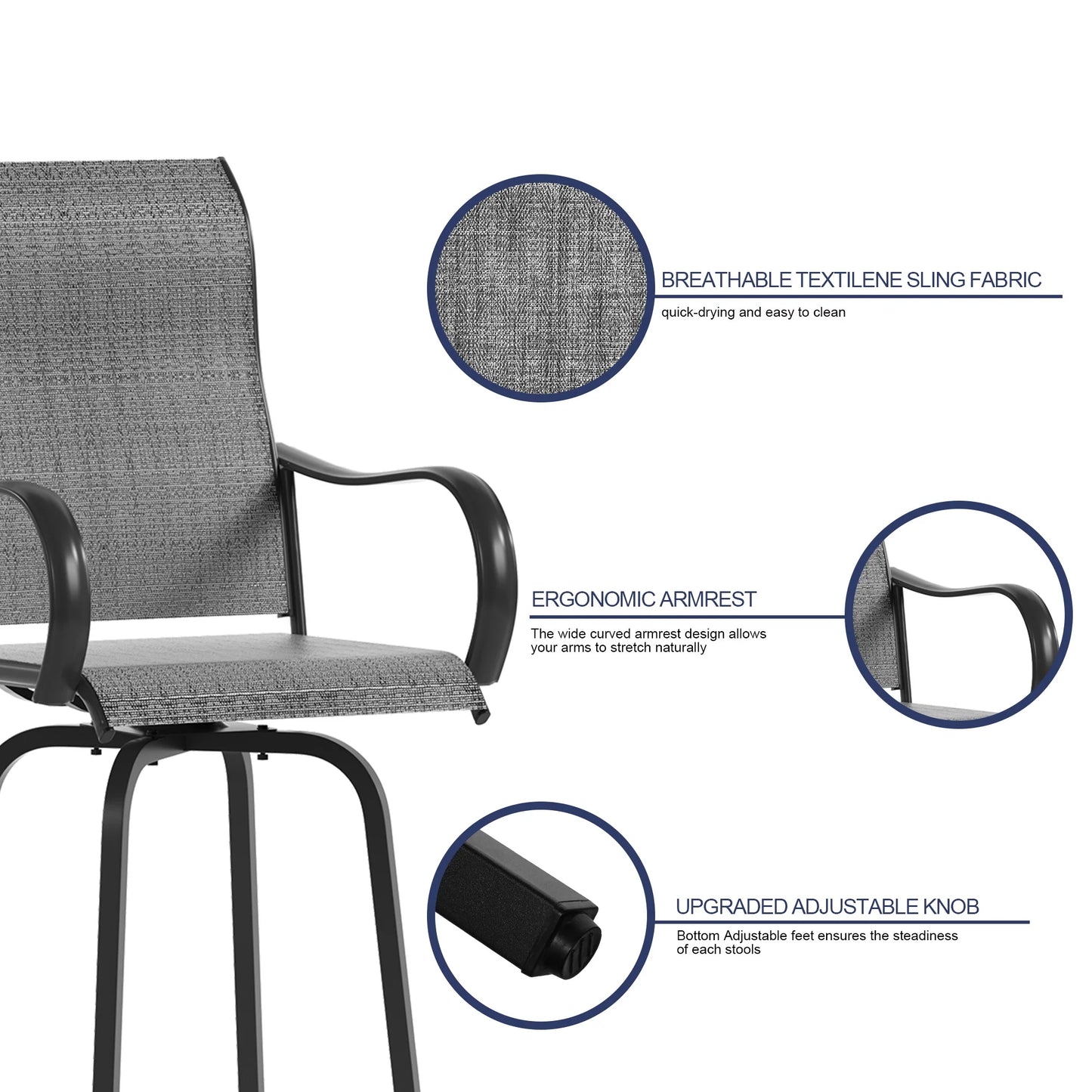 ELPOSUN Patio Swivel Bar Stools Chair of 2, Outdoor Bar Height Set, All Weather High Back and Armrest Rocking Stools & Bar Chairs for Backyard, Lawn Garden, Balcony and Pool, Grey White