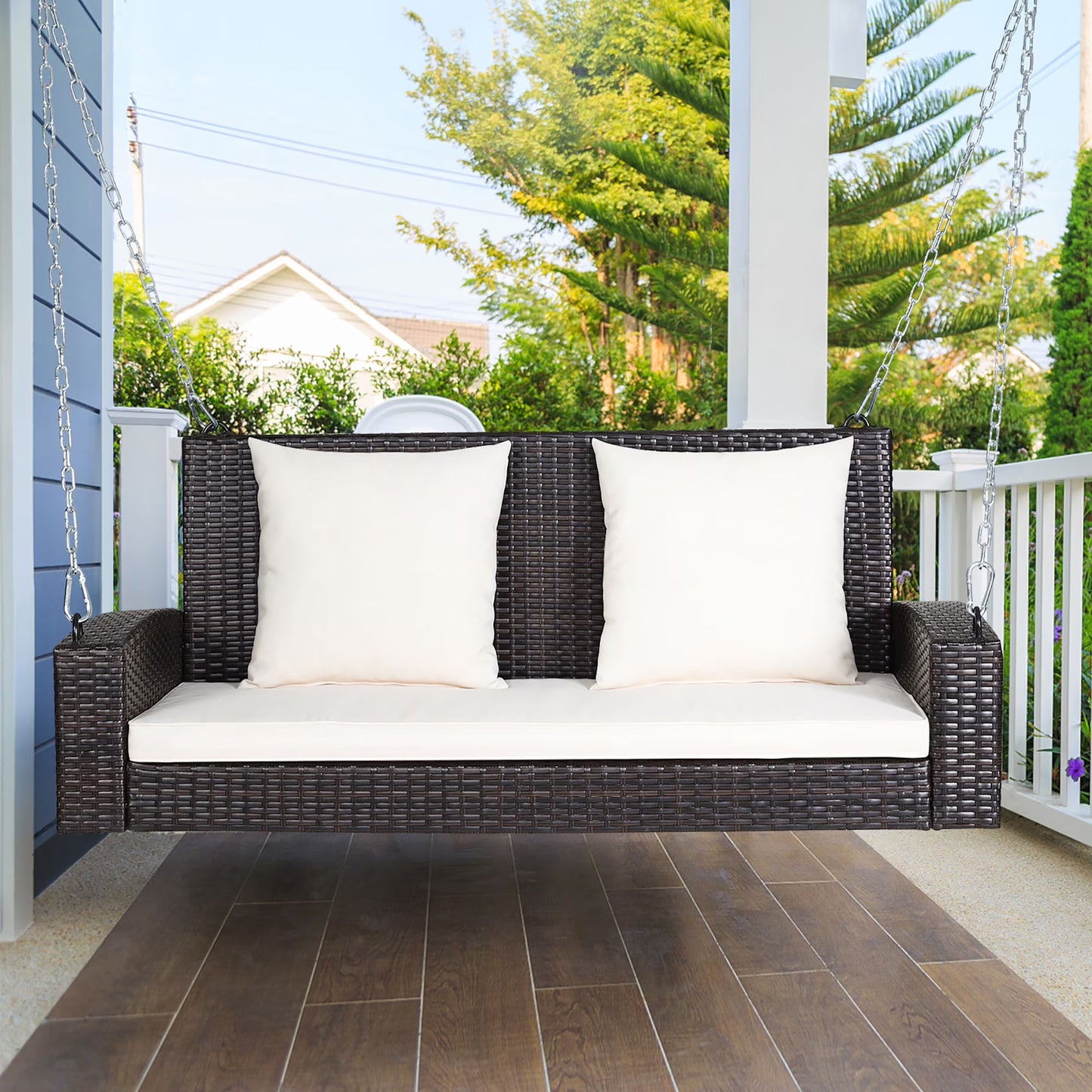 Costway 2-Person Patio Rattan Hanging Porch Swing Bench Chair Cushion Turquoise