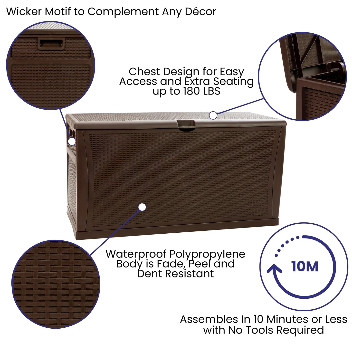 Merrick Lane Brown 120 Gallon Weather Resistant Outdoor Storage Box for Decks, Patios, Poolside and More