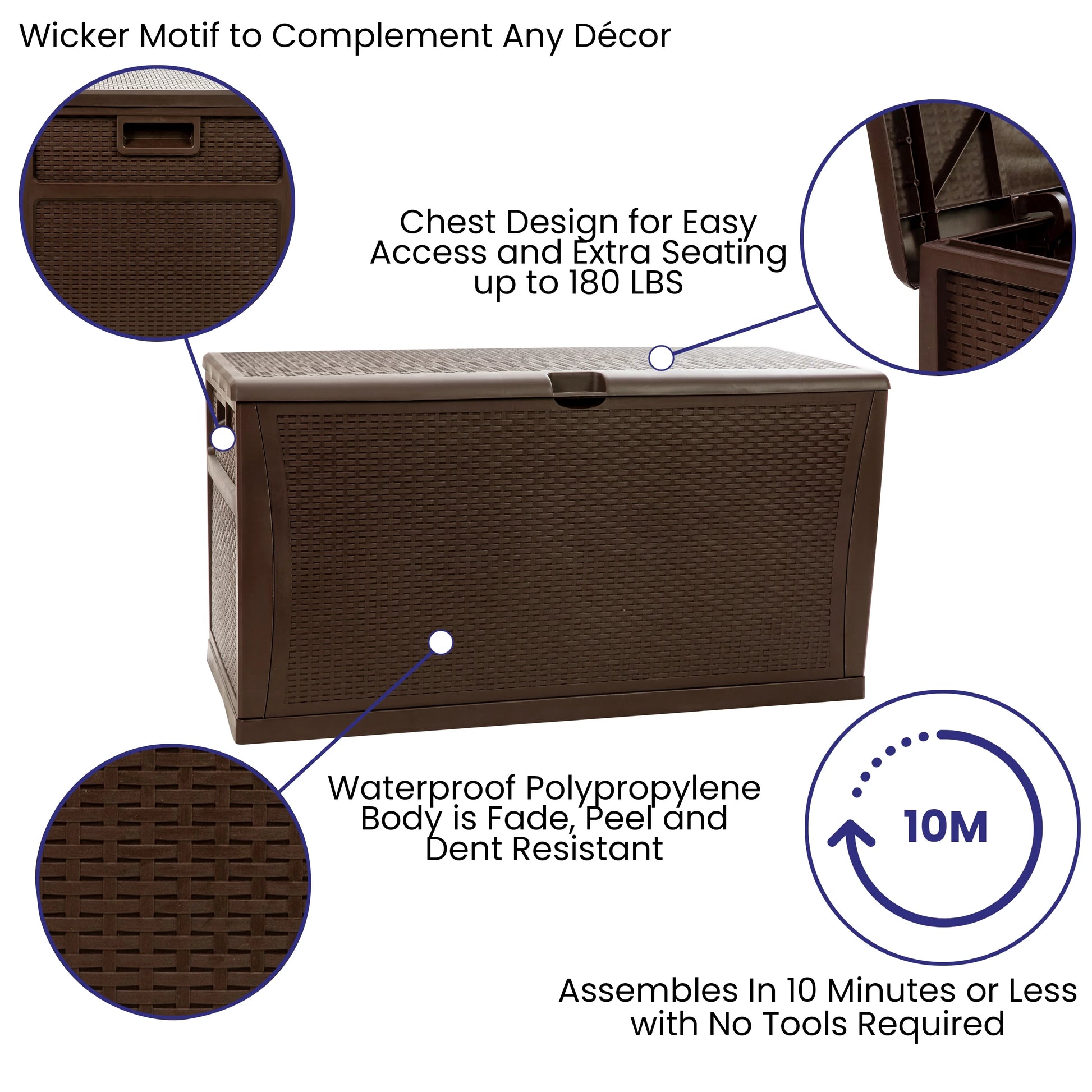 Merrick Lane Brown 120 Gallon Weather Resistant Outdoor Storage Box for Decks, Patios, Poolside and More