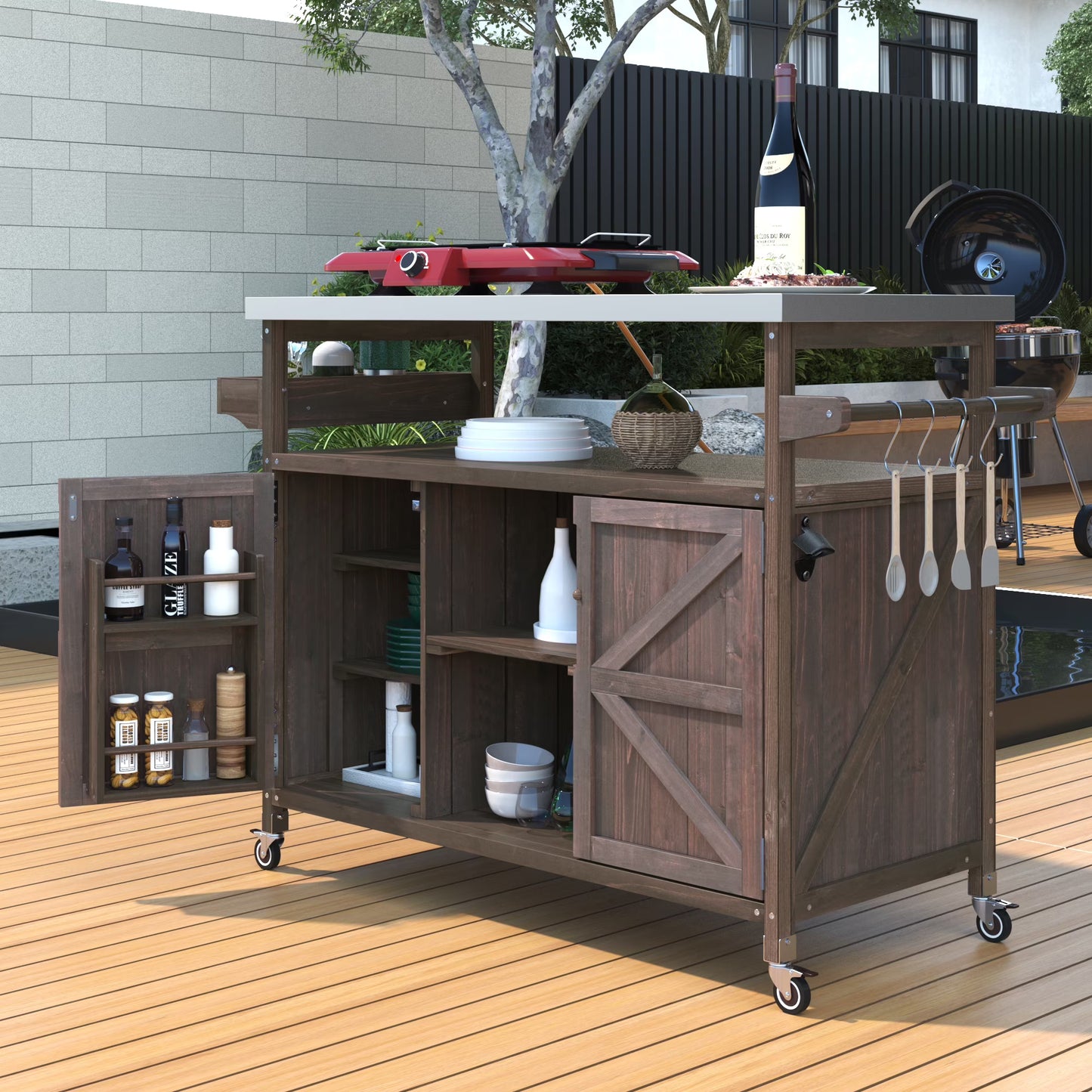 Bellemave Outdoor Serving Cart Kitchen Island Solid Wood Mobile Rolling Bar Cart with Lockable Wheels, Rack and Stainless Steel Top Beverage Storage Counter Table with Cabinet for Patio, Natural
