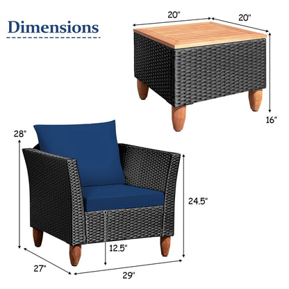 Costway 3PCS Outdoor Patio Rattan Furniture Set Wooden Table Top Cushioned Sofa Navy