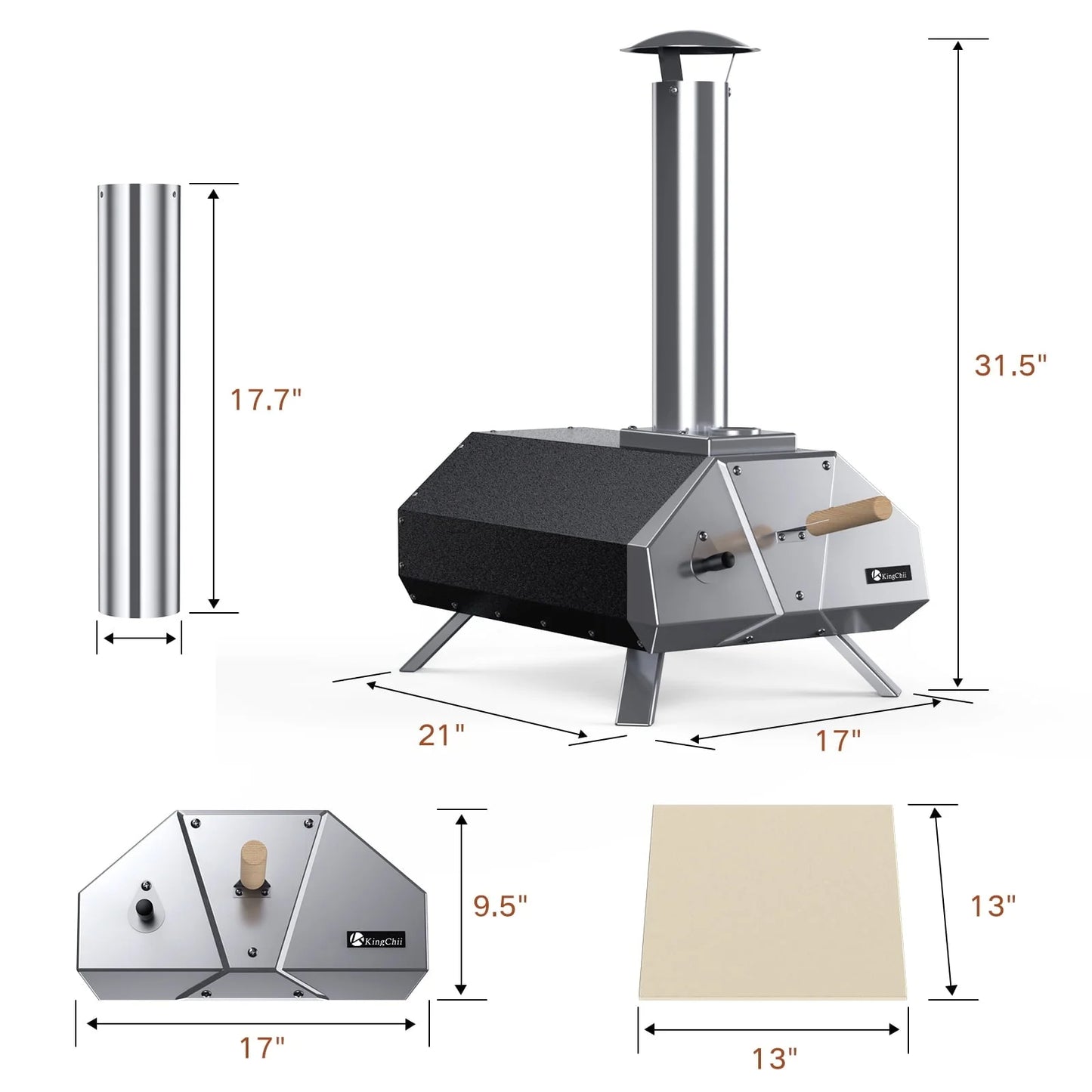 KingChii Multi-Fuel Pizza Oven with Gas Burner, Portable 13" Wood Fired and Gas Powered Pizza Maker with Foldable Legs for Outdoor Patio Garden