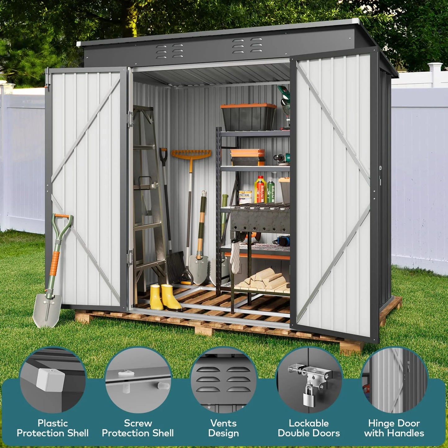 6' x 4' Outdoor Storage Shed, Lofka Garden Metal Shed with Base Frame for Backyard, Patio, Lawn, Gray
