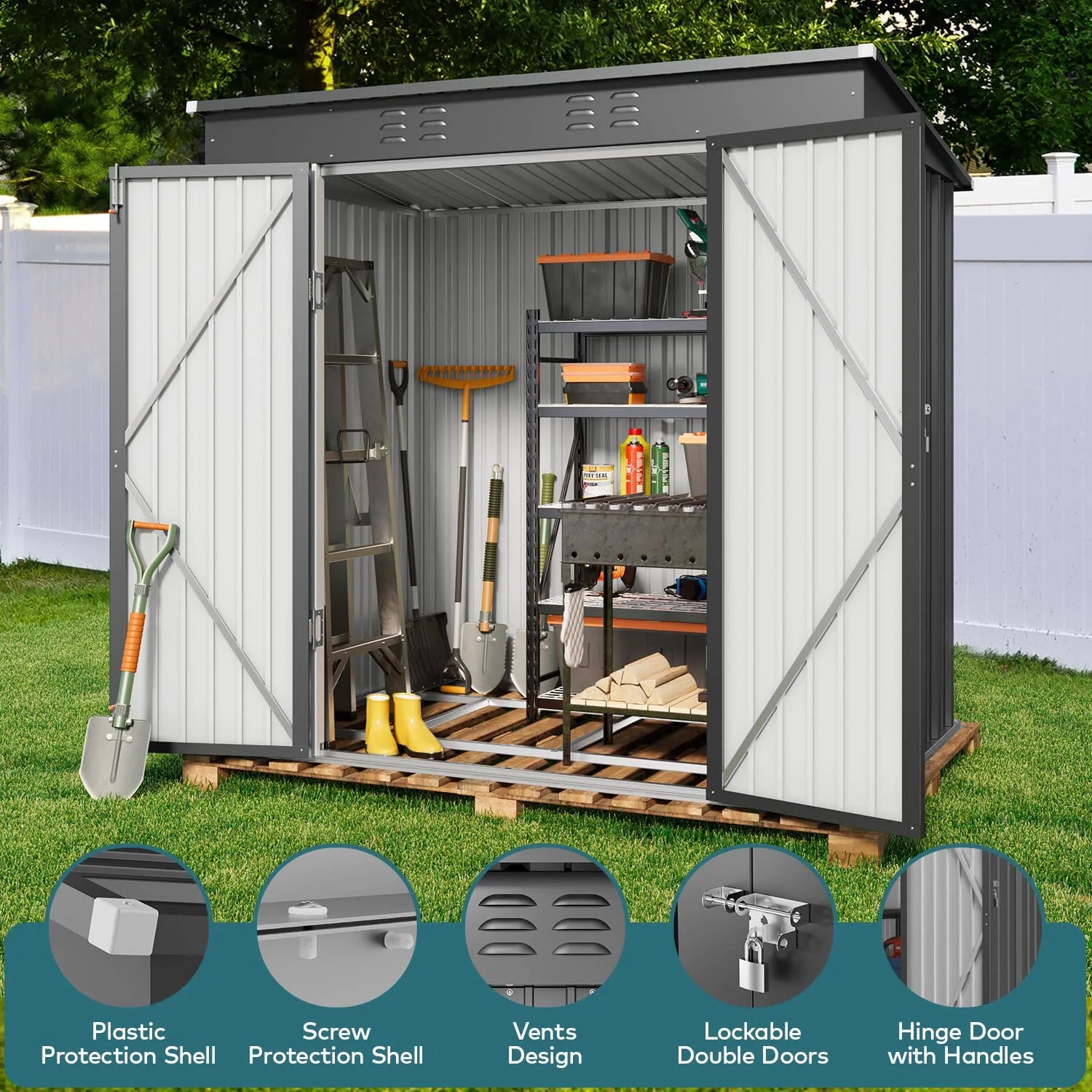 6' x 4' Outdoor Storage Shed, Lofka Garden Metal Shed with Base Frame for Backyard, Patio, Lawn, Gray
