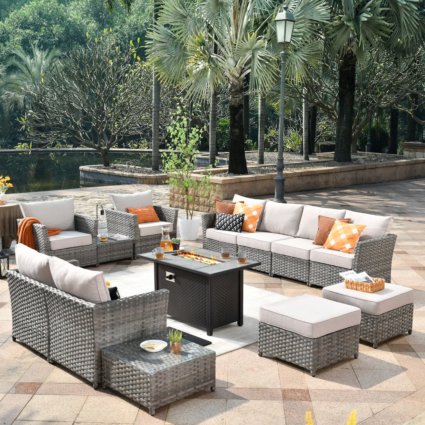 Vcatnet Patio Furniture Sets with 42" Fire Pit Table 13 Pieces Sectional Sofa All Weather PE Rattan Wicker Conversation Set with Ottoman for Porch, Backyard, Beige