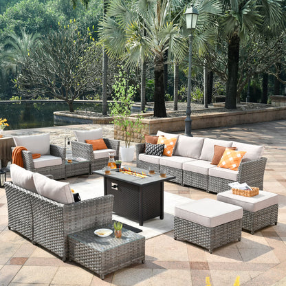 Vcatnet Patio Furniture Sets with 42" Fire Pit Table 13 Pieces Sectional Sofa All Weather PE Rattan Wicker Conversation Set with Ottoman for Porch, Backyard, Beige