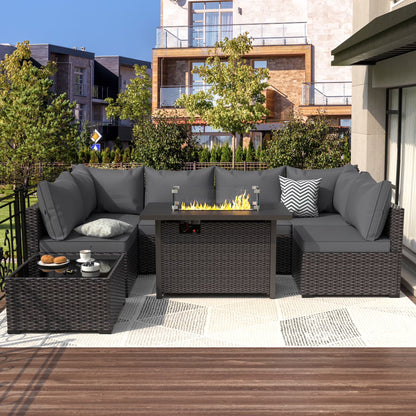 8 Piece Patio Furniture Set with 42" Propane Gas Fire Pit Table with Coffee Table,Blue