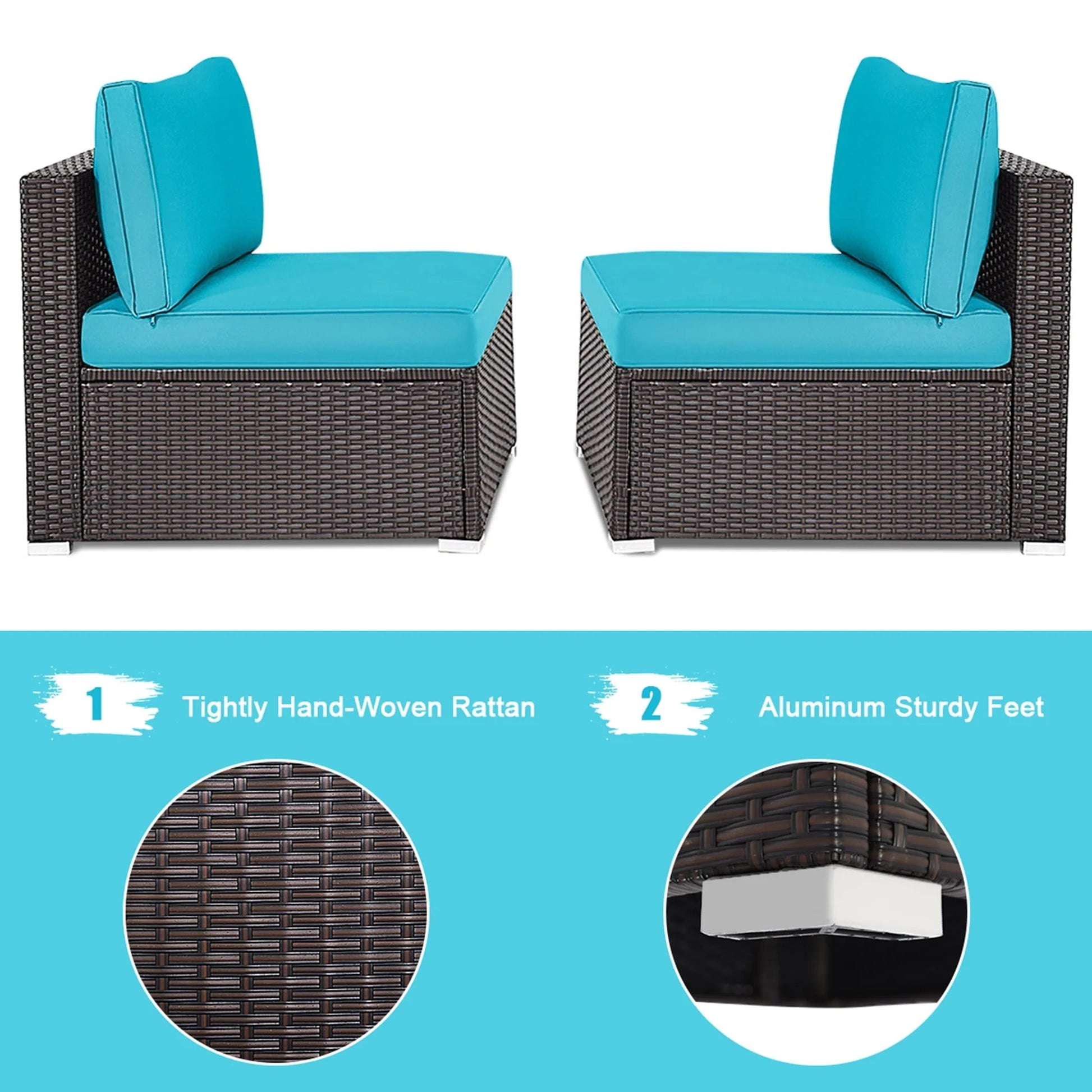 Gymax 2PCS Patio Wicker Rattan Sectional Armless Chair Sofa w/Turquoise Cushion