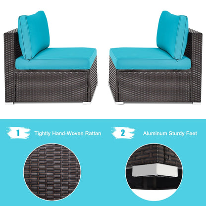 Gymax 2PCS Patio Wicker Rattan Sectional Armless Chair Sofa w/Turquoise Cushion