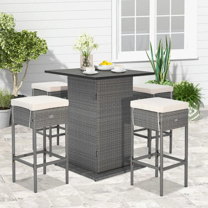 Spaco 5 Pieces Outdoor Wicker Bar Table Set of A Bar Table and 4 Cushioned Bar Stools, Table Set with Hidden Storage Shelves, Bar Table Set for Outdoor as Garden, Patio, White