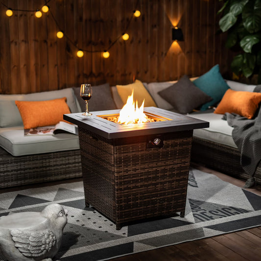 FEOYA Propane Fire Pit Table Firepit Outdoor Patio Fireplace Steel Gas Fire Pit Square Fire Pit Table 40000BTU Gas Regulator with Cap Lava Rock Hose for Dinning Outside Garden Backyard Heating