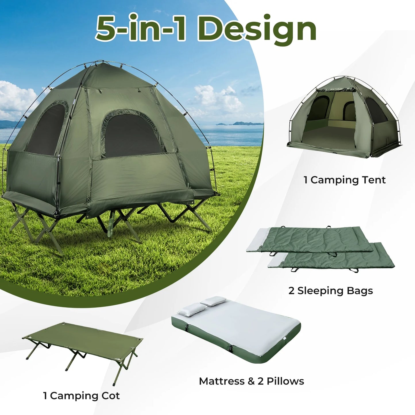 Patiojoy Folding 2-Person Camping Tent Cot Portable Pop-Up Tent with Sleeping Bag& Air Mattress for Outdoor Activity