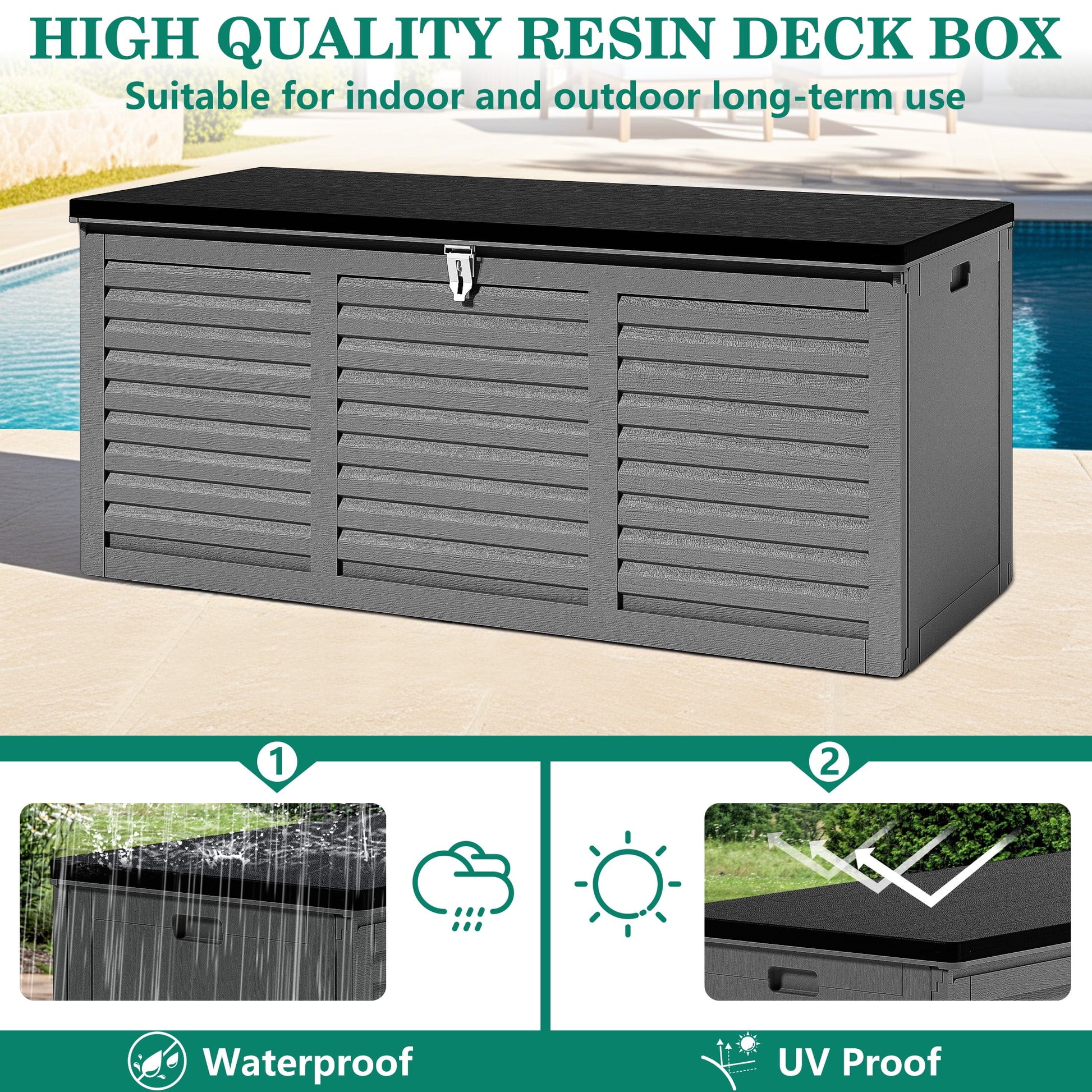 130 Gallon Resin Deck Box, Outdoor Lockable Storage Container for Patio Cushions, Garden Tools, Pool Supplies, Toys, Waterproof and UV Resistant, Reinforced Rib Design, Gray