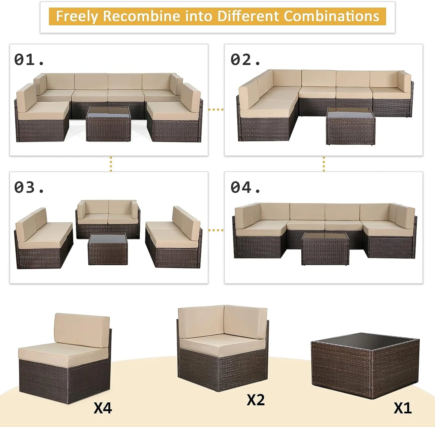 YODOLLA 7 Pc Patio Furniture Set in Beige Cushion& Black PE Rattan Outdoor Sectional Sofa Couch Patio Conversation Set with Table