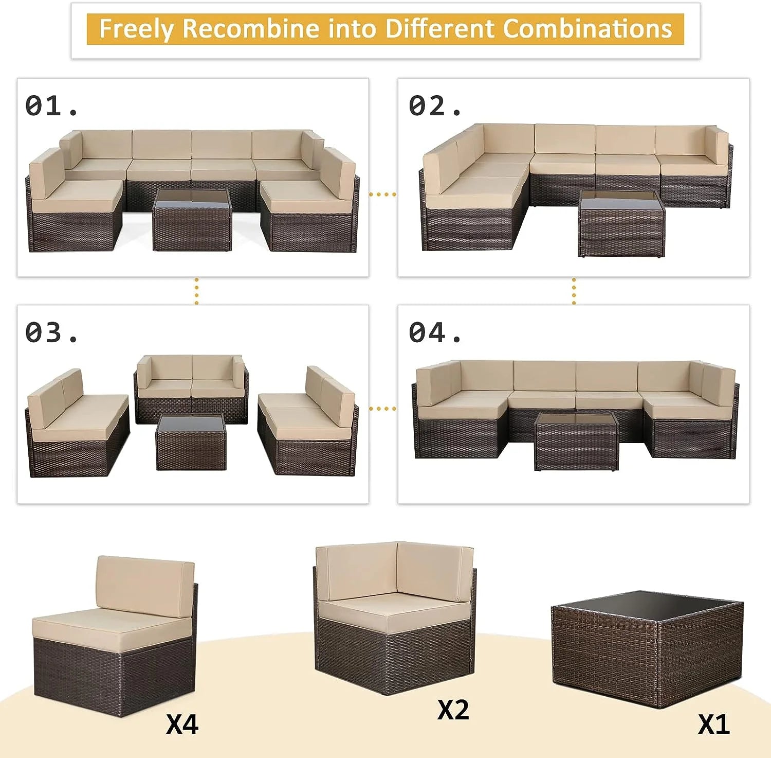 YODOLLA 7 Pc Patio Furniture Set in Beige Cushion& Black PE Rattan Outdoor Sectional Sofa Couch Patio Conversation Set with Table