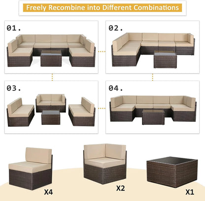 YODOLLA 7 Pc Patio Furniture Set in Beige Cushion& Black PE Rattan Outdoor Sectional Sofa Couch Patio Conversation Set with Table