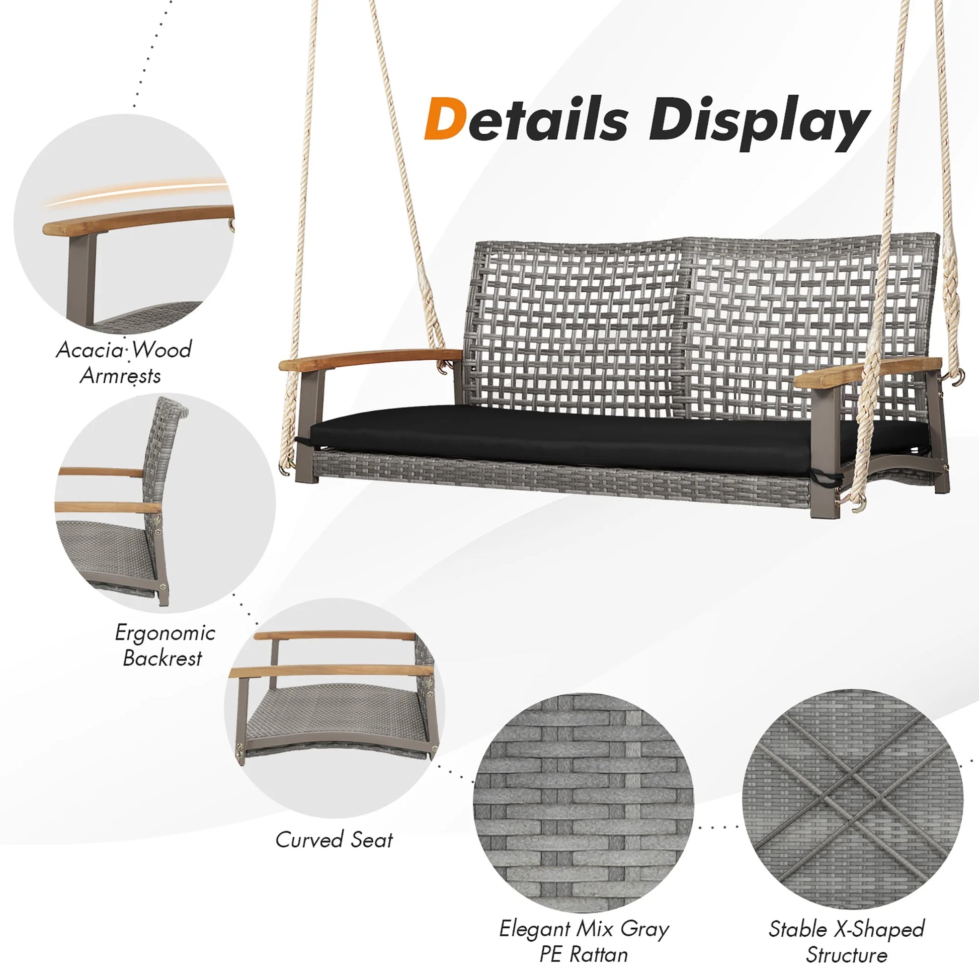 Costway 2-Person Patio Wicker Hanging Swing Chair Loveseat Cushion Porch Black