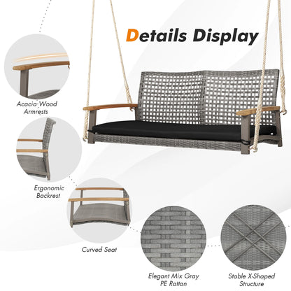 Costway 2-Person Patio Wicker Hanging Swing Chair Loveseat Cushion Porch Black