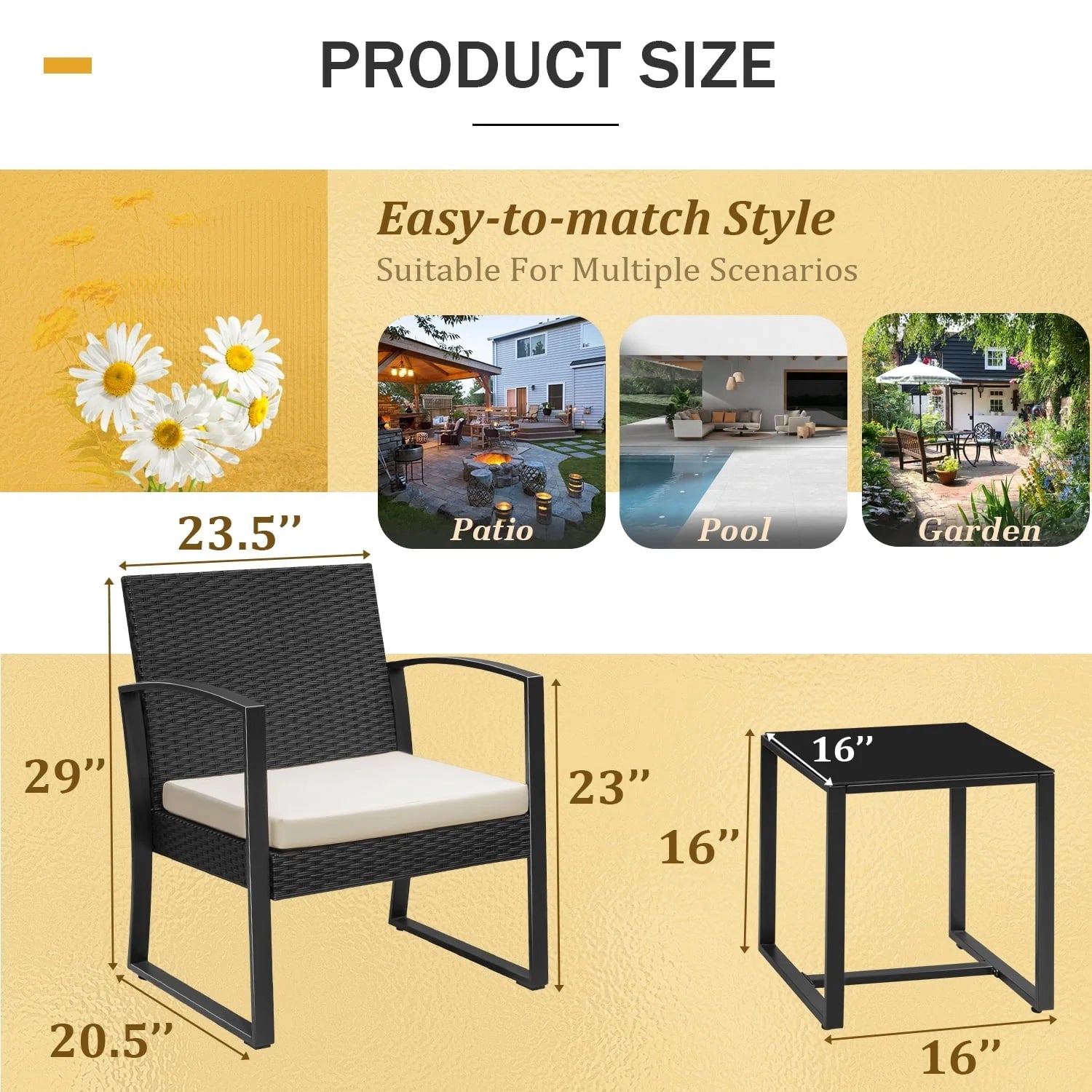 Devoko 3 Pieces Outdoor Plastic Bistro Set Patio Conversation Set with Cushion and Table, White