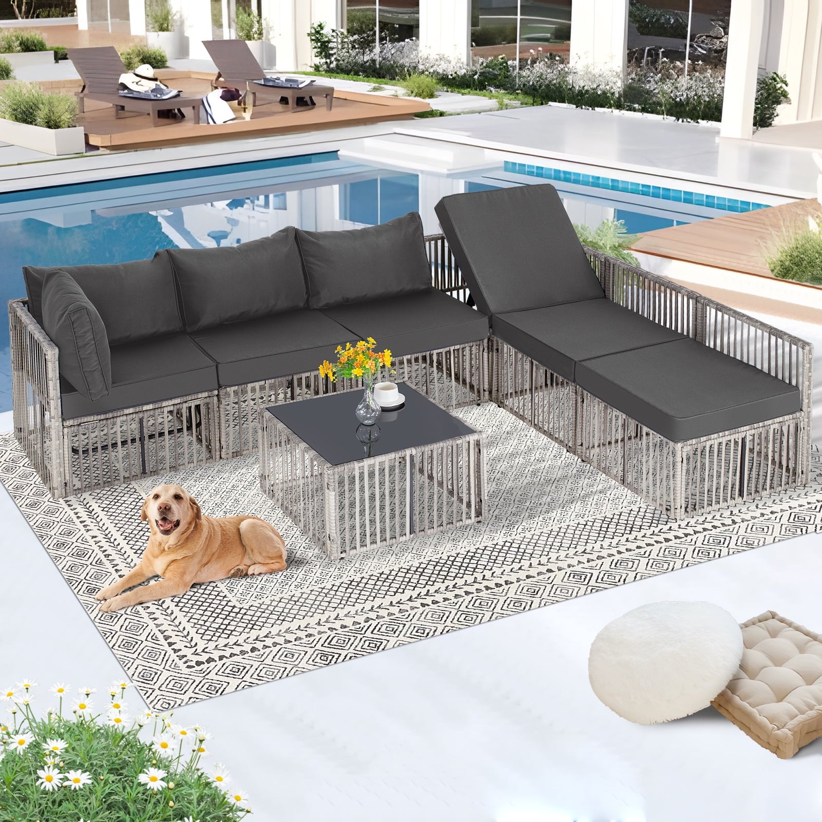 7 Pieces Outdoor Patio Furniture Set, Wicker Outdoor Sectional Conversation Couch Set with Adjustable Backrest Sofa, Cushions & Coffee Table for Outside,Garden,Deck,Gray Wicker/Gray Cushions