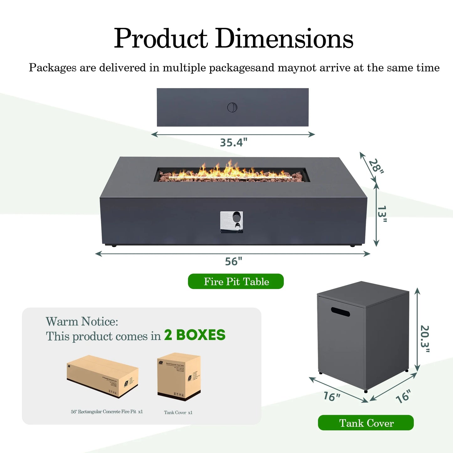 UPHA 56-inch Outdoor Propane Rectangle Fire Pit Table 50000 BTU Iron Gas FirePit for Outside Patio with Tank Cover, Removable Lid, Lava Rocks, Rain Cover, Grey