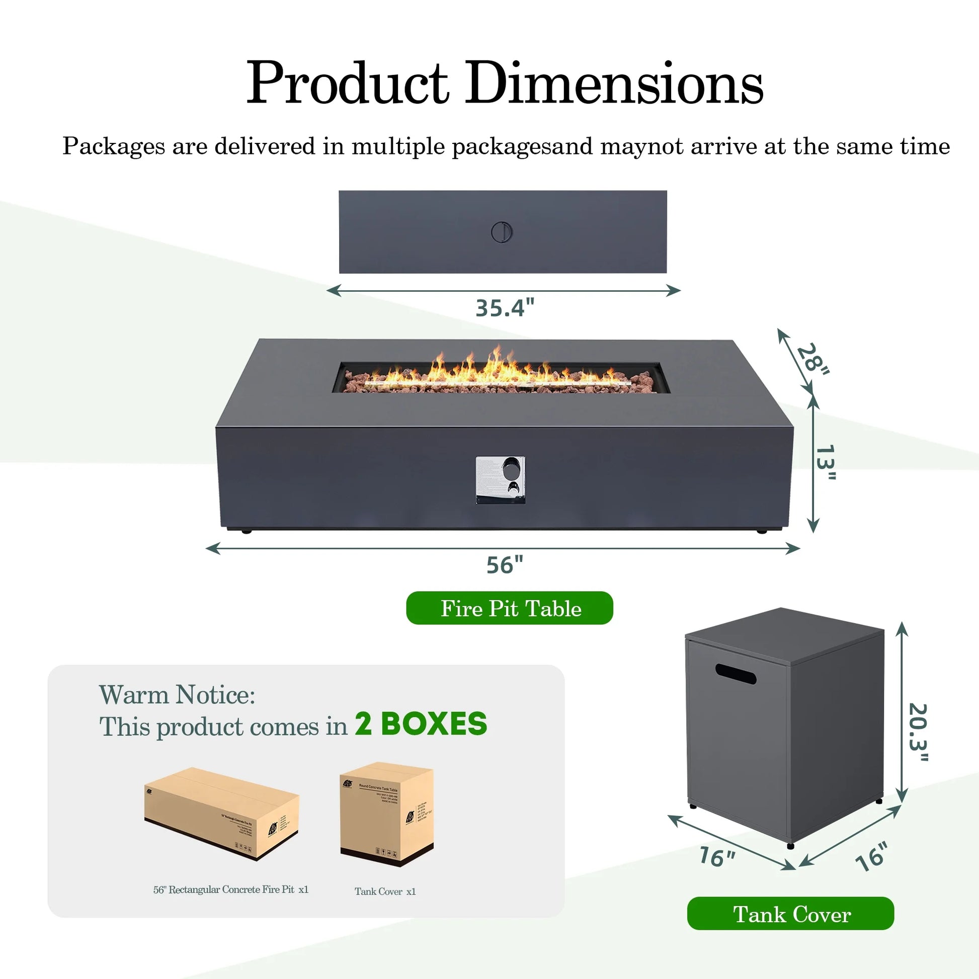 UPHA 56-inch Outdoor Propane Rectangle Fire Pit Table 50000 BTU Iron Gas FirePit for Outside Patio with Tank Cover, Removable Lid, Lava Rocks, Rain Cover, Grey