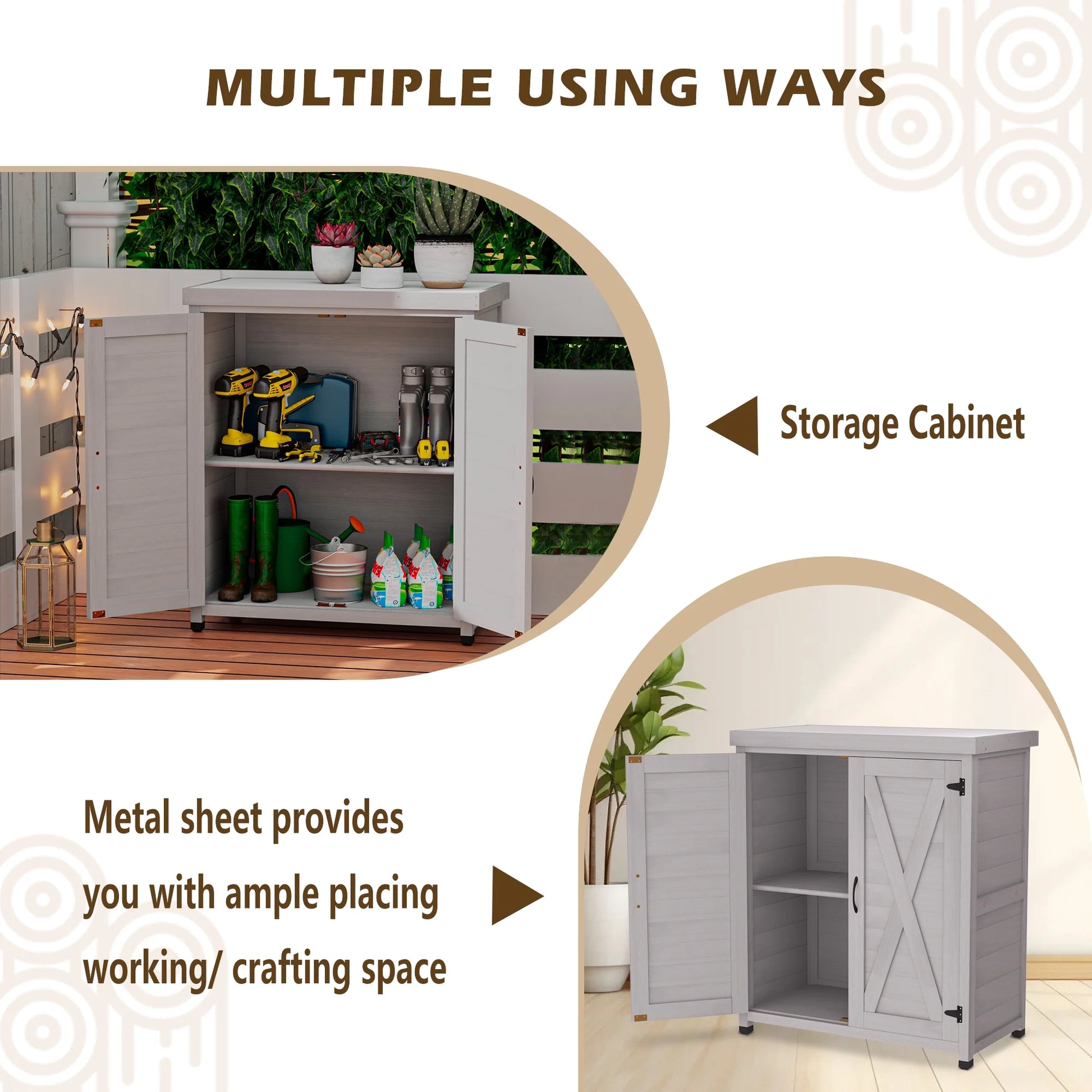 Potting Bench with Storage Cabinet and Metal Table Top for Outdoor Patio,Outdoor Work Station TableGray
