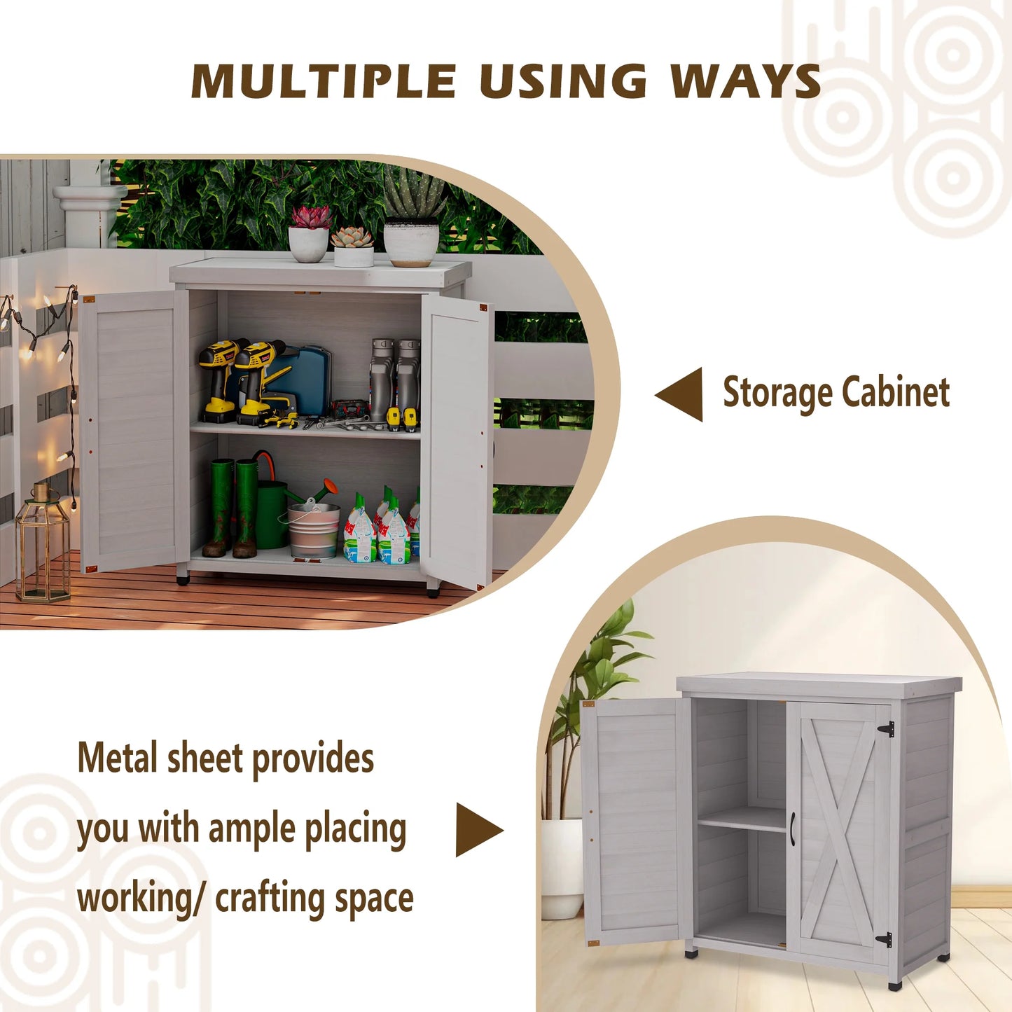 Tcbosik Outdoor Storage Cabinet & Potting Bench Table, Wooden Patio Furniture with Metal Top, Garden Workstation for Backyard, Lawn, Deck, Balcony, Gray