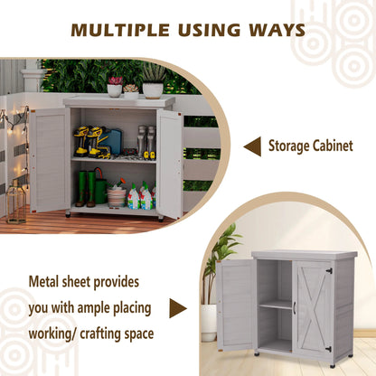 Tcbosik Outdoor Storage Cabinet & Potting Bench Table, Wooden Patio Furniture with Metal Top, Garden Workstation for Backyard, Lawn, Deck, Balcony, Gray