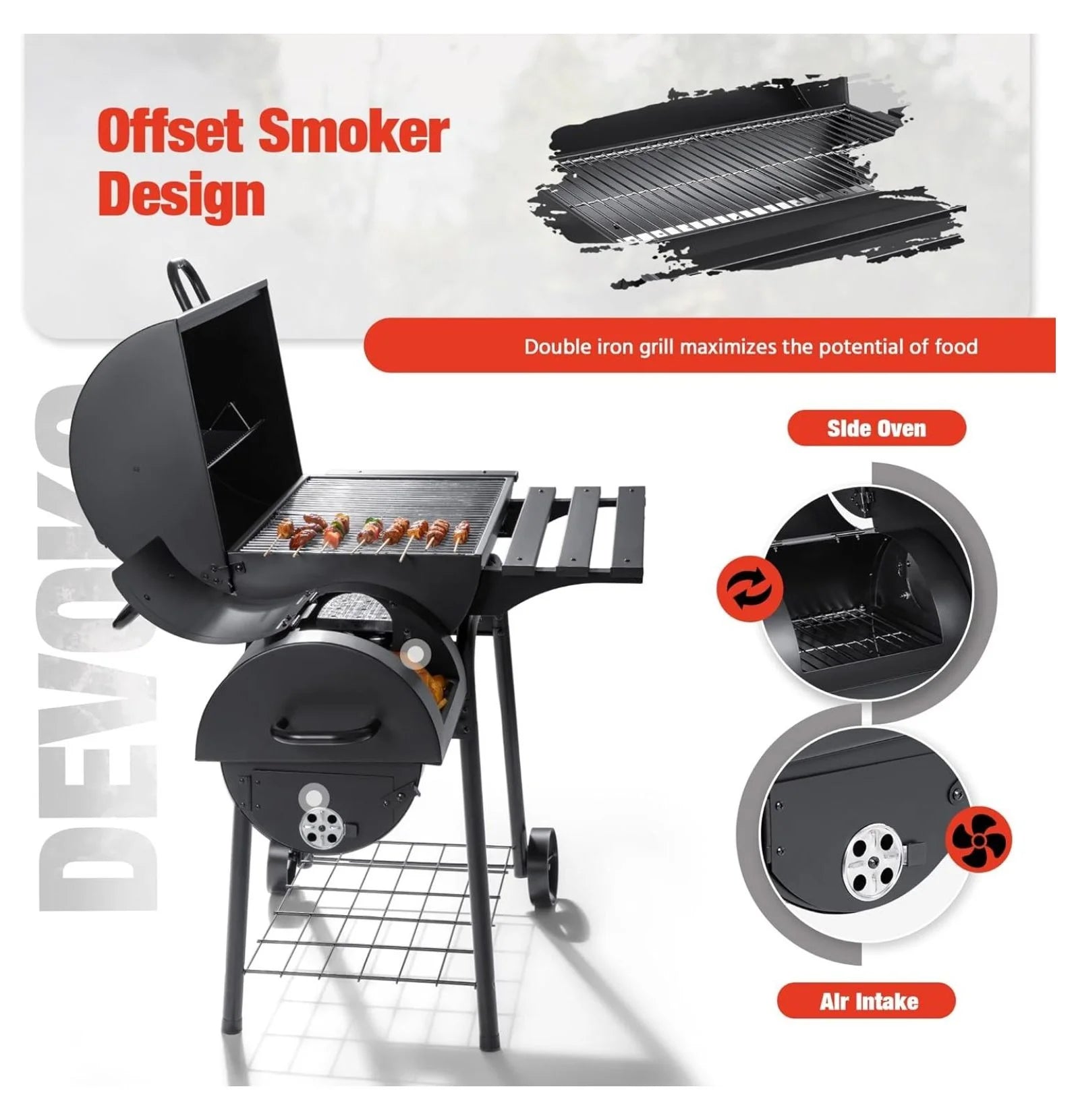 Charcoal Grill 3-in-1, Offset Smoker BBQ Grill for Outdoor Use, Heavy Duty Steel Grill with Side Table, Warming Rack, Fire Drawer - Garden, Patio, Backyard