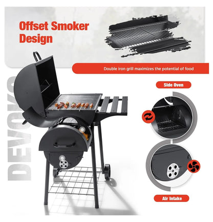 Charcoal Grill 3-in-1, Offset Smoker BBQ Grill for Outdoor Use, Heavy Duty Steel Grill with Side Table, Warming Rack, Fire Drawer - Garden, Patio, Backyard