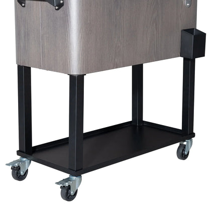 OverPatio 80QT Cooler Cart Rolling Function with Shelf Wood Grain Accent Ice Chest Gray