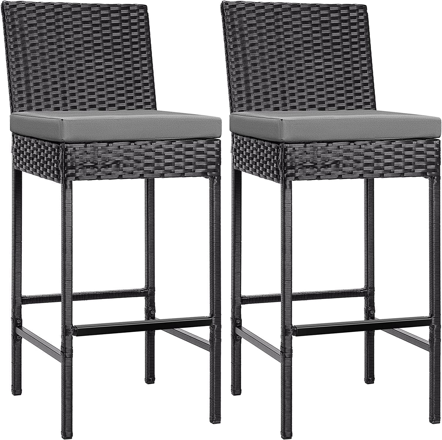 VIVOHOME Outdoor Wicker Bar Stools Set of 2, Patio Rattan Furniture with Cushions, Black
